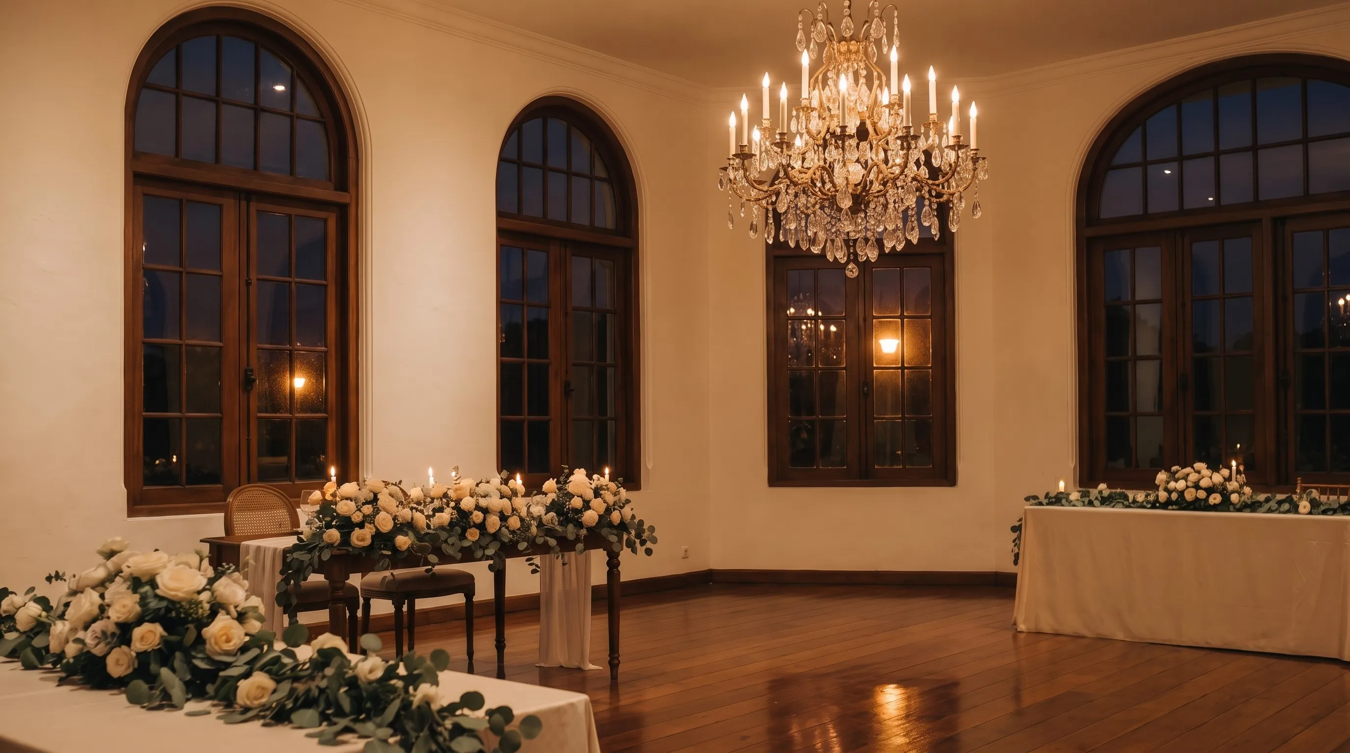 Ballroom yang sama di malam hari, lilin dan lampu kristal menyala, meja-meja bundar tertata