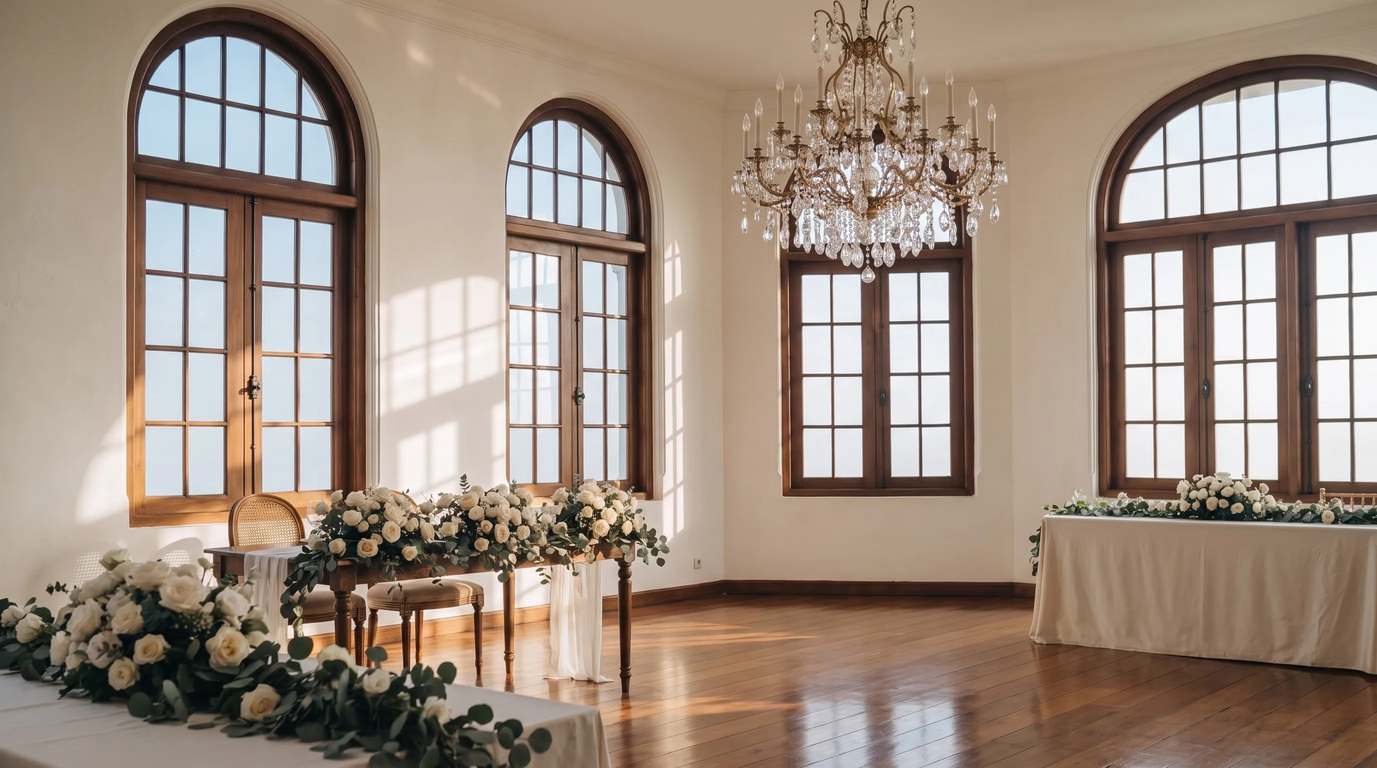 Ballroom tahun 1920-an di Kota Lama Surabaya pada siang hari, matahari masuk dari jendela lengkung